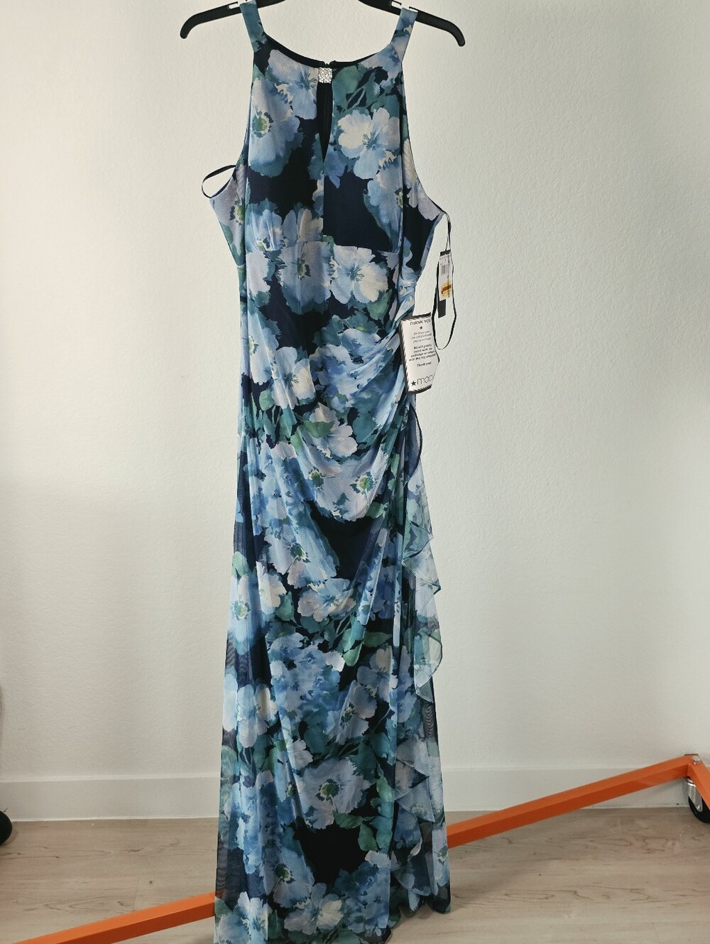 Betsy & Adam NWT Size 16 Blue Floral Chiffon Ruched Ruffle Maxi Gown Dress - Picture 2 of 12